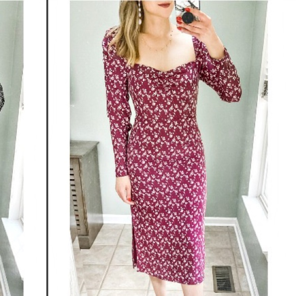 Glamorous Burgundy Floral Puff Sleeve Midi Dress Size XS